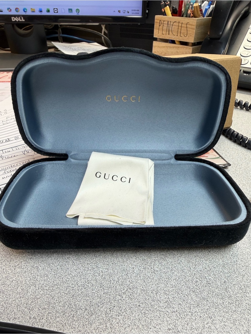 Gucci Black Velvet Eyewear Case with Light Blue Interior and Cloth